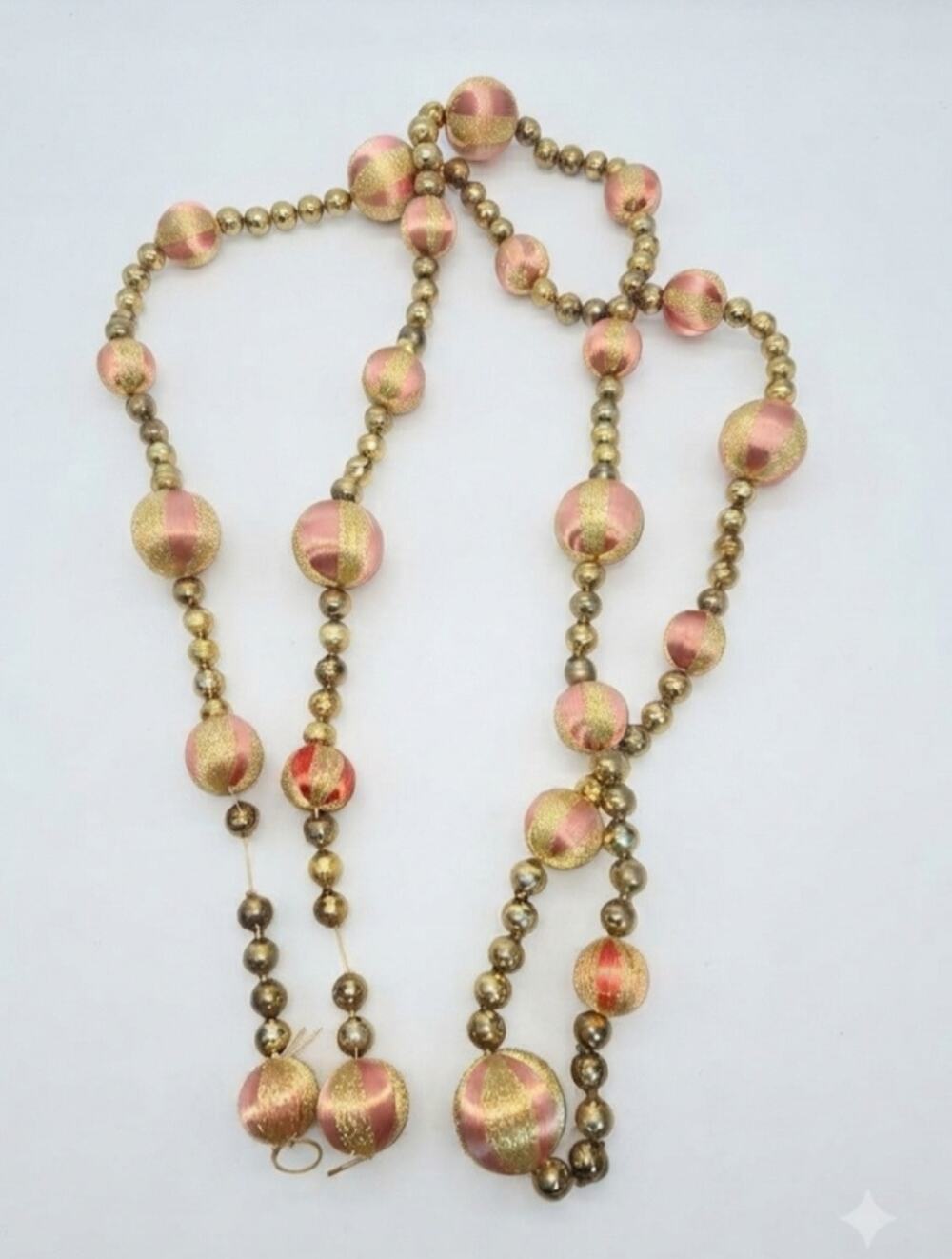 Vintage Mid Century Satin Wrapped Ball & Gold Bead Christmas Garland 7 FT